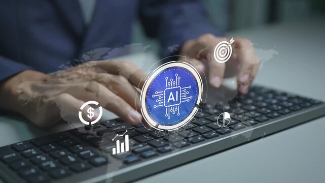 Business insights and AI powered data analysis. Person typing keyboard with artificial intelligence and analytics icons, business intelligence, predictive analytics and data driven decision making.
