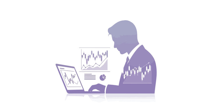 Silhouette of a businessman analyzing financial data and stock market charts on a laptop, representing online trading, investment, and digital finance
