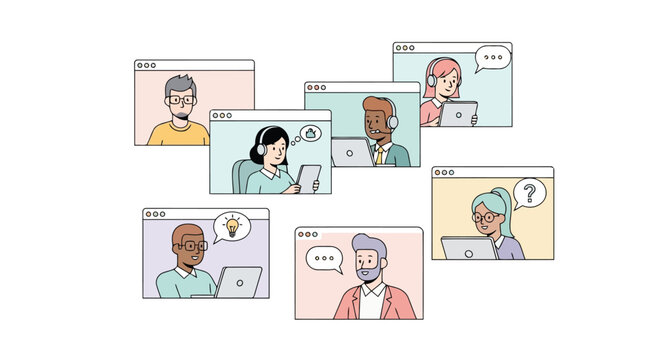 Online video conference with diverse people collaborating in virtual meeting windows, representing remote work, teamwork, and communication