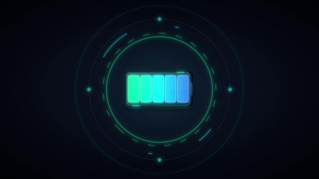 Digital battery charging progress bar animation with futuristic hud interface indicator