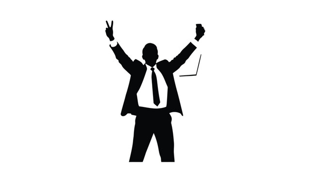 Businessman celebrating success with laptop, making a peace sign, concept of business triumph and achievement