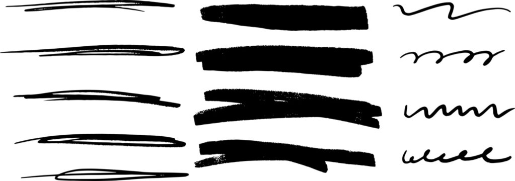 Hand Drawn Black Ink Brush Stroke Vector Set Grunge Underline Marker Lines