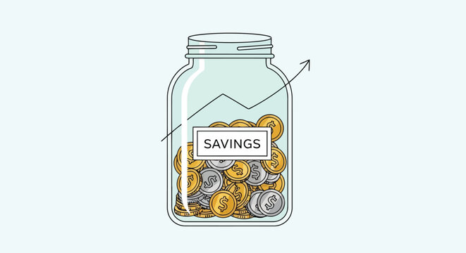 Glass jar filled with gold and silver coins labeled savings, with an upward trend graph indicating financial growth and investment