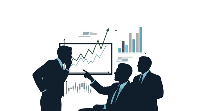 Business people silhouettes analyzing financial data and market trends on a screen with charts and graphs