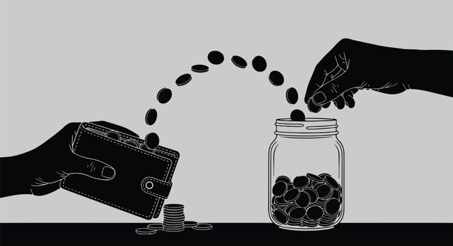 Concept of saving money, transferring coins from a wallet into a glass jar for future investment and financial planning