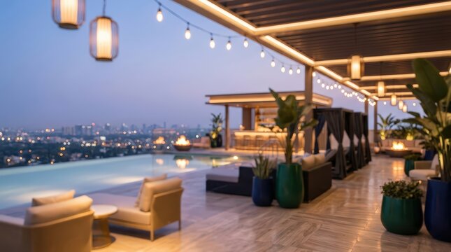 luxurious rooftop lounge at twilight, infinity pool with panoramic city view, modern patio furniture, warm string lights and fire pits, elegant outdoor entertainment space.