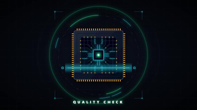 Digital cpu check animation: futuristic microchip scanning hud interface microprocessor