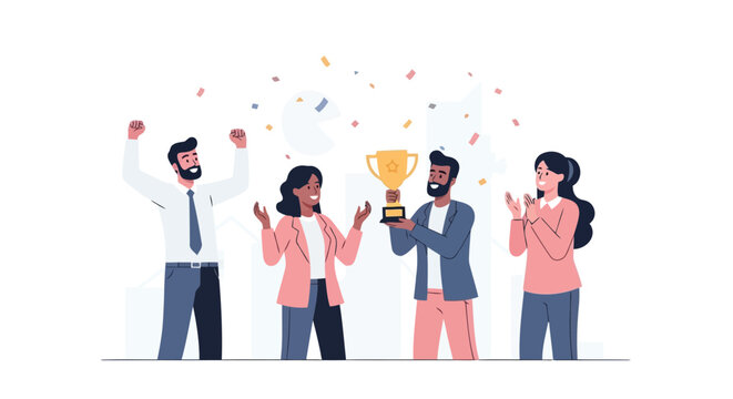 Happy business team celebrating success with a golden trophy