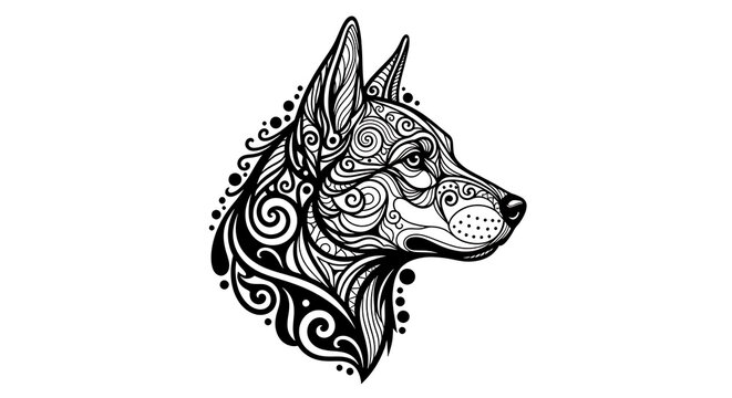 Stylized black dog head intricate vector art