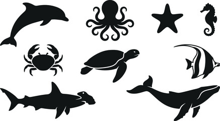 Ocean Sea Animals and Marine Life Silhouette Icon Set for Underwater Nature Graphic Designs © MstSuraiya