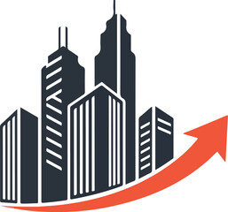 Obraz premium Abstract illustration of growing city buildings with an upward red arrow.
