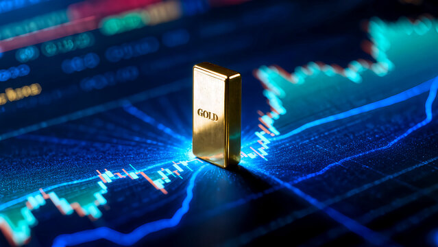 A vertical gold bar standing on a luminous digital trading platform with neon charts, symbolizing financial growth and high-tech market investment.