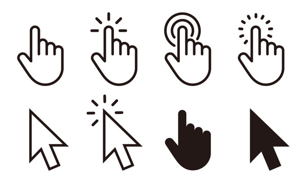 Hand click icon set, cursor pointer tap and press gesture symbols