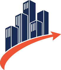 Fototapeta premium Abstract Real Estate Logo Design Featuring City Buildings and Rising Arrow.