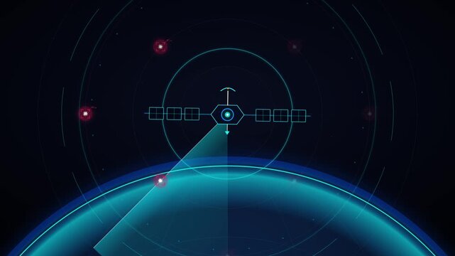 Satellite scanning earth hud interface: futuristic global data monitoring animation