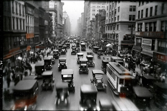 Busy street scene in early 20th century city