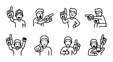 Fototapeta premium Sports Fan Icons, Number One Finger Gesture, Cheering Crowd Vector Set, Celebration Graphics