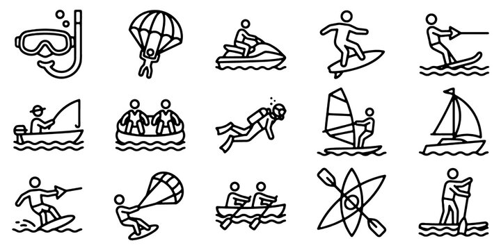 Water Sports Line Icons Set. Surfing, Sailing, Kayaking, Diving, Jet Ski, Fishing and Parasailing Vector Icons Isolated on Transparent Background.