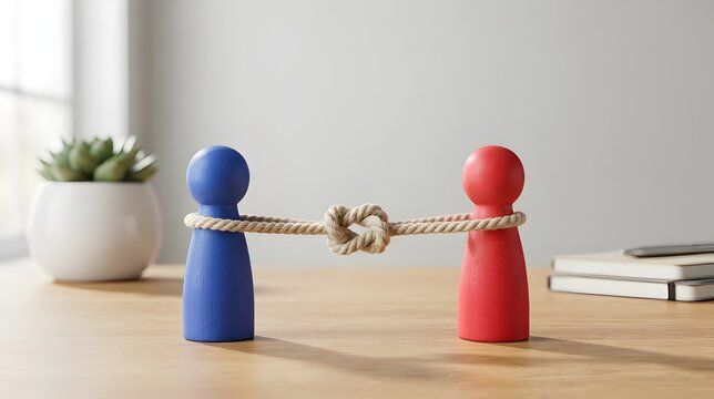 Blue and red wooden peg figures connected by knotted rope representing business partnership conflict negotiation communication and collaboration