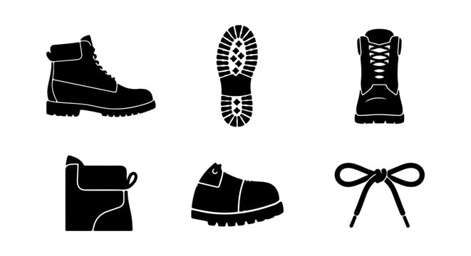 Black Work Boots, Soles, Laces, and Gaiters Vector Icons. Rugged Footwear Set for Outdoor Activities.
