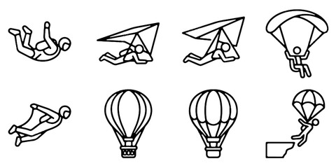 Extreme Sports Icons Set. Parachuting, Hang Gliding, Wingsuit Flying and Hot Air Balloon Vector Illustration on Transparent Background. © Steven