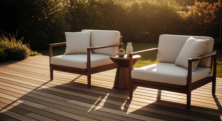 Fototapeta premium Modern Outdoor Lounge Seating On A Wooden Deck At Sunset