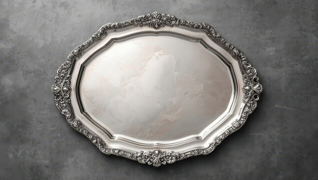 Stylish silver platter with detailed borders on a textured gray backdrop. Blank area. Overhead view.
