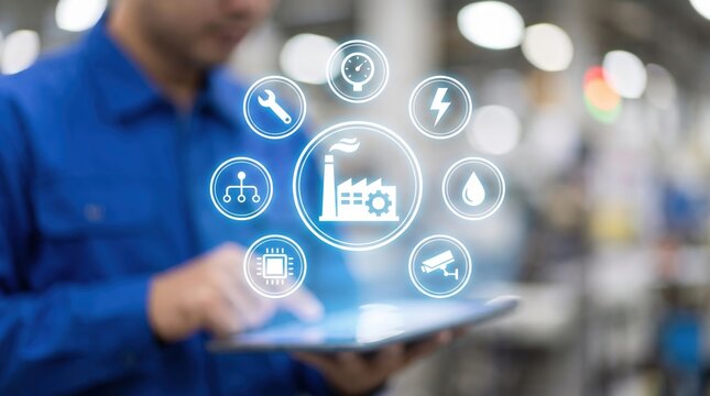 Smart Factory Automation Technology with Tablet Control Interface Featuring Industrial IoT, Engineering Management, Manufacturing Systems, and Digital Production Concepts