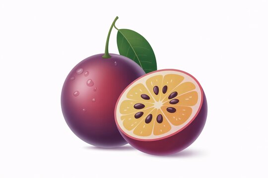 Whole and sliced purple star apple with green leaf and water droplets isolated on white background sliced fruit tropical fruit slice