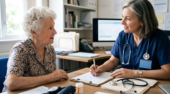 Doctor consulting with elderly patient in medical office