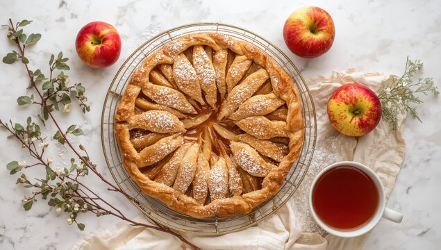 Apple strudel pie made with homemade puff pastry, cooling on a rack, accompanied by fresh apples, branches, powdered sugar, and a cup of tea on a white marble surface with cloth.