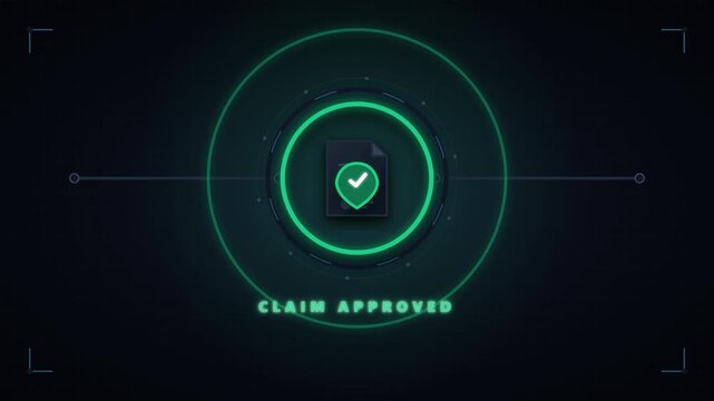 Digital claim approved interface animation with success checkmark and data processing hud