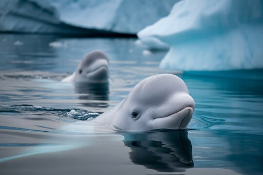 Two white beluga whales swimming in cold blue arctic ocean water near icebergs with beluga whale arctic wildlife marine mammals swimming animals.