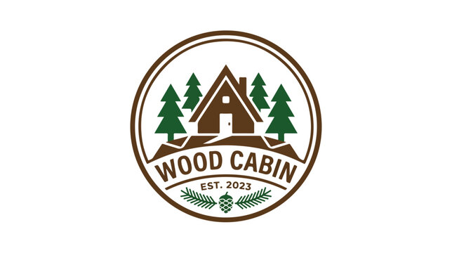 Vintage style wood cabin logo design with pine trees and mountains.