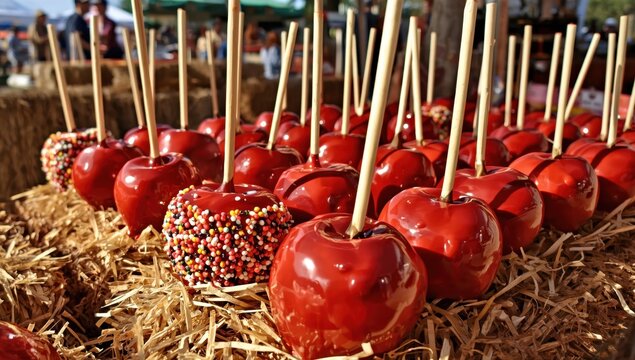Homemade red toffee apples on sticks available at farmer's markets or fairs for Thanksgiving and Halloween.