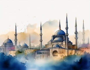 Fototapeta premium watercolor istanbul skyline with mosques in fog