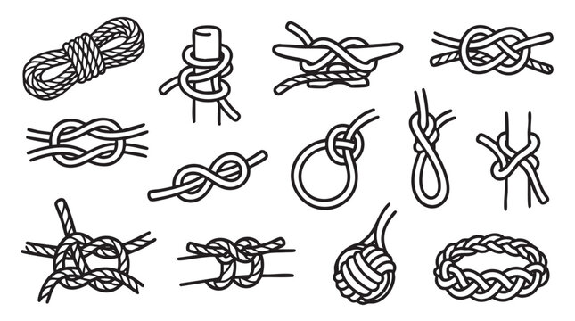Rope knots vector line icon set, various nautical and climbing knots in black and white.