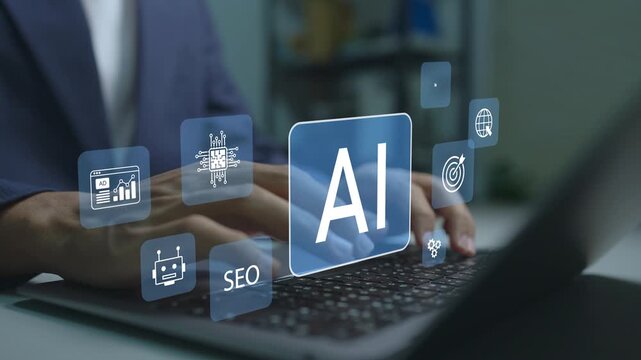 AI powered SEO concept. Person using laptop with artificial intelligence and search engine optimization icons, content optimization, keyword analysis, website ranking and digital marketing strategy.