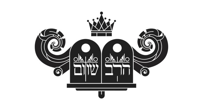 Black and white vector illustration of Jewish Ten Commandments tablets with a crown.