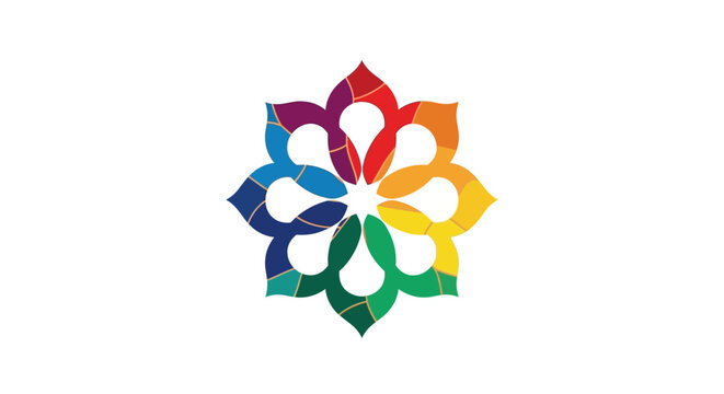 Abstract circular flower icon with rainbow colors and textured pattern.
