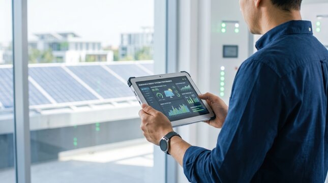 Engineer monitoring solar panel energy performance on tablet app inside smart building with sustainability green technology concept