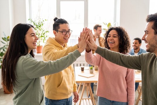 Group of diverse young people giving a high five in a bright modern office