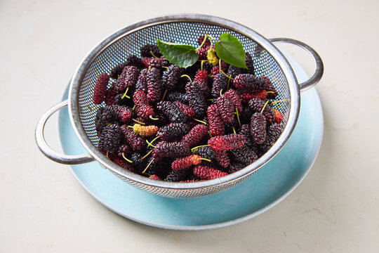Fresh ripe mulberries in colander, healthy summer berries