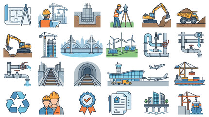 Sleek Colorful Infographic Illustrating Diverse Civil Engineering Construction and Infrastructure Concepts with Workers and Machinery © Bahtra