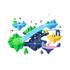 Fototapeta premium Geometric Adventure Landscape Digital Travel Path Through Low Poly Mountains