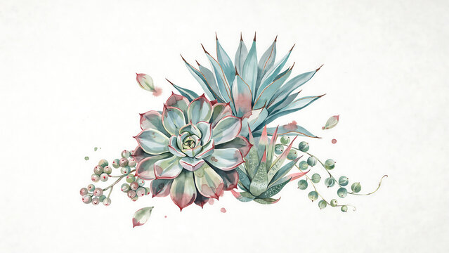 Watercolor arrangement of green succulents and string of pearls isolated on a transparent background