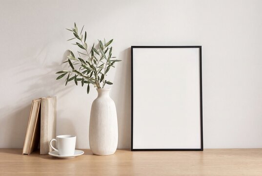 Blank black picture frame mockup on wooden table with olive branch in vase, books and coffee cup