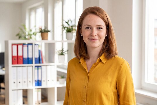 Portrait of a young woman with red hair wearing a mustard yellow shirt in a bright office environment