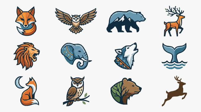 Minimalist Colorful Animal Icons Set Featuring Fox Owl Bear Deer Lion Elephant Wolf Whale Owl Perched Fox Sitting Bear with Leaf