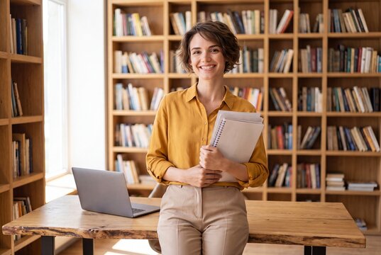 Portrait of a smiling young woman holding notebooks in a library with bookshelves in the background